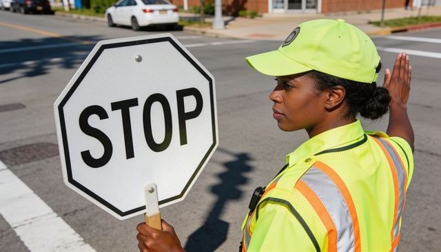 Crossing guard directing traffic holding stop sign wearing high-visibility vest