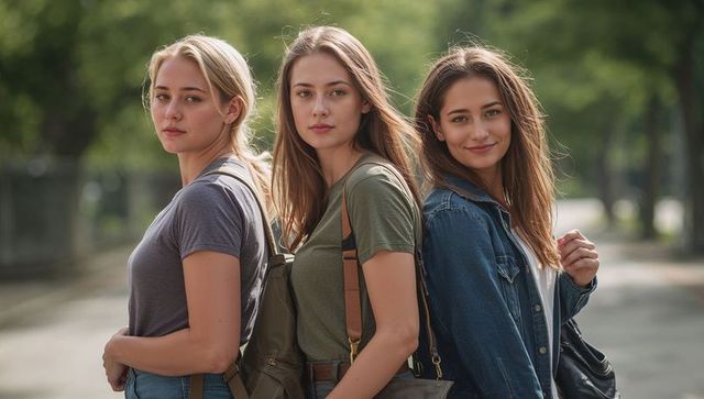 Three young women standing and posing on park path wearing casual tees jeans backpacks smiling