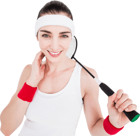 Transparent badminton enthusiast smiling with racket