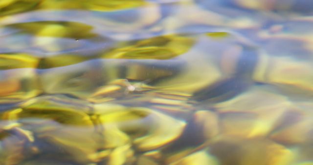 Close-up view of water surface creating a tranquil and abstract pattern, with copy space. Light reflections and distortions give a peaceful and artistic quality to the image.