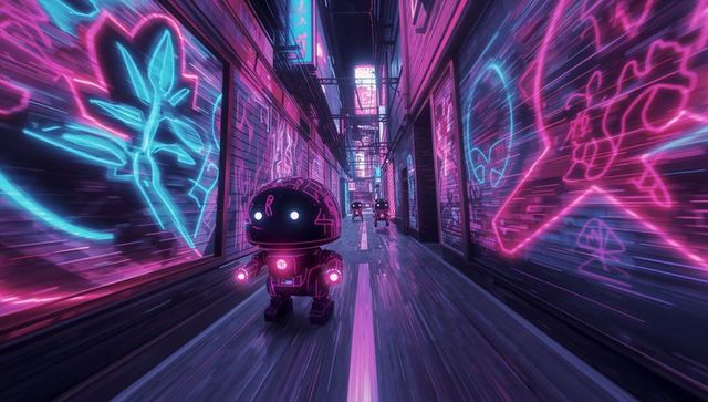 Futuristic Robot Amid Neon Glow in Cyberpunk Alley