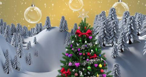 festive christmas tree amongst snowy winter pines - Download Free Stock Images Pikwizard.com