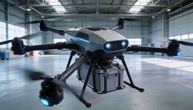 Hovering industrial delivery drone carrying secured hard-case payload in aircraft hangar