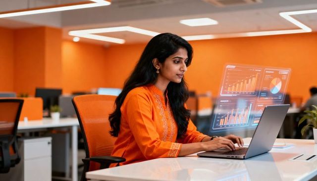 Indian woman analyzing holographic analytics dashboards on laptop in modern orange office