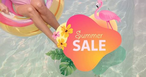 Summer sale banner with woman floating on inflatable ring in pool, tropical sale design