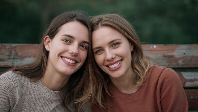 Two young women smiling and leaning on weathered park bench wearing cozy knit sweaters