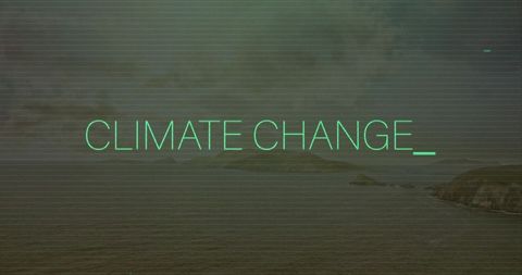 Neon climate change_ glitch text over misty coastal seascape with scanline effect