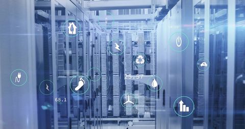 Digital Data Processing with Eco Icons Over Computer Servers - Download Free Stock Images Pikwizard.com