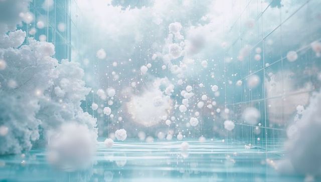 Floating ethereal cloud sphere in futuristic grid chamber