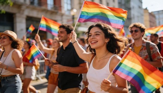 Smiling young people marching with rainbow flags at pride parade on sunlit urban street