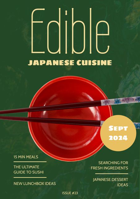 This magazine cover design is ideal for publications focusing on Japanese cuisine and culture. The highlighted articles include tips on 15-minute meals, ultimate sushi guides, new lunchbox ideas, and more. It can be used in stores, online shops, or marketing materials to promote cooking tips and recipes related to Japanese food.