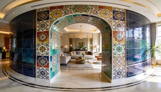 Ornate tiled archway framing luxury hotel lounge with chandelier and marble floor