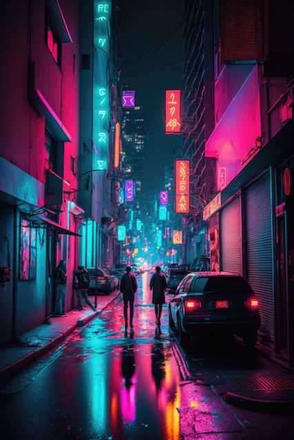 Neon-clad urban alley depicting a futuristic scene with neon lights in different colors casting vibrant reflections on the wet pavement. Pedestrians are walking down the street which is flanked by tall buildings adorned with neon signs. Car parked on the side adds to the metropolitan feel. Perfect for themes related to night cityscapes, cyberpunk aesthetics, futuristic environments, urban lifestyle, and colorful illumination.