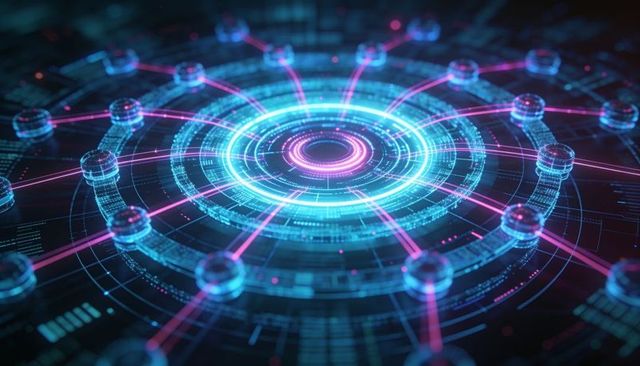 Radiating cyber network hub with pulsing cyan-magenta rings and radial node connections