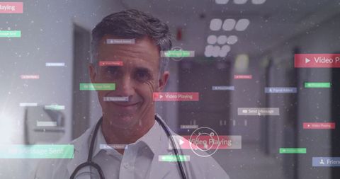 Doctor Stands in Corridor Surrounded by Social Media Notifications