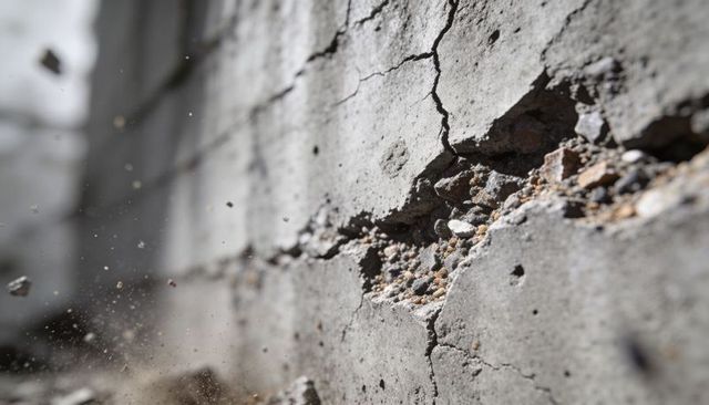 Cracked concrete facade revealing exposed aggregate and falling dust closeup
