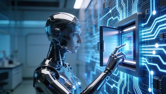 Chrome humanoid robot interacting with wall touchscreen in futuristic robotic laboratory