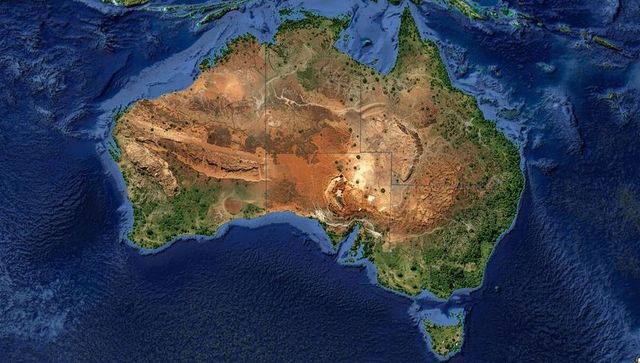 Detailed satellite view of australian map with ocean topography