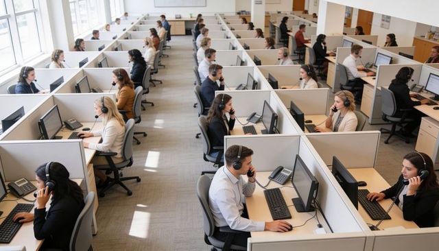 Call center agents talking and working in modern open-plan cubicles with headsets