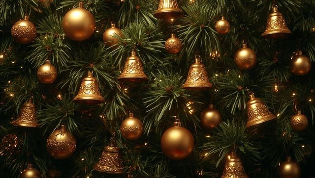 Gold bell and bauble christmas tree glinting with warm twinkle lights and embossed ornaments