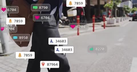 Man Walking City Street Overridden with Tech Notifications