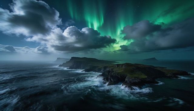 Northern lights over rugged coastal headland with crashing waves and moody clouds