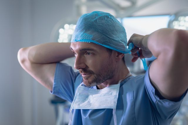 Male surgeon adjusting surgical cap in operating room, preparing for surgery. Ideal for use in healthcare, medical, and hospital-related content, showcasing the professionalism and dedication of medical staff.