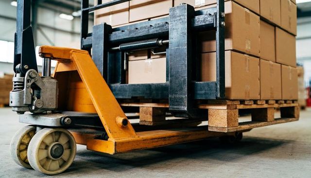 Yellow pallet jack moving loaded wooden pallet with stacked cardboard boxes in warehouse