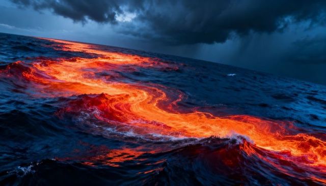 Molten lava flowing across dark ocean at dusk with glowing trail and stormy sky