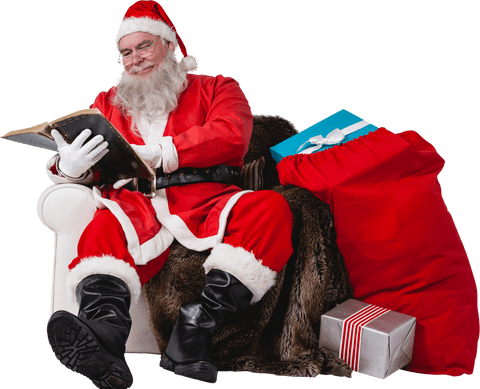 transparent santa claus reading with gift sack beside chair - Download Free Stock Videos Pikwizard.com