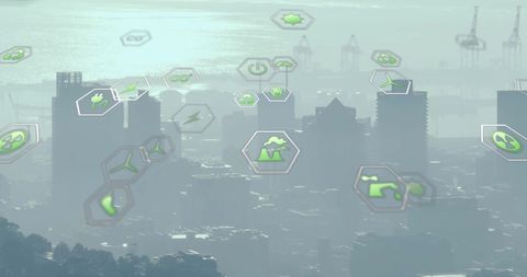 Digital Eco Icons Overlay City Skyline Imagery - Download Free Stock Images Pikwizard.com