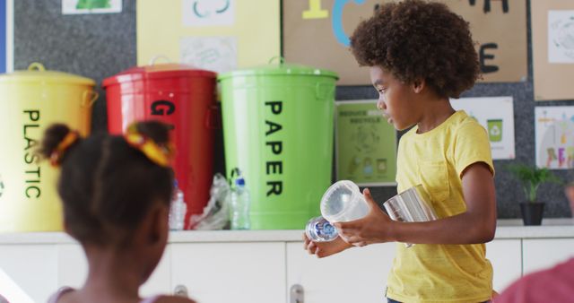 Image shows a child holding recyclable materials and looking at different recycling bins labelled 'plastic', 'glass', and 'paper'. Another child stands close by, watching. The scene highlights children learning to sort and recycle waste properly in an educational environment. Useful for promoting environmental awareness, teaching resources, school programs, and sustainability initiatives.