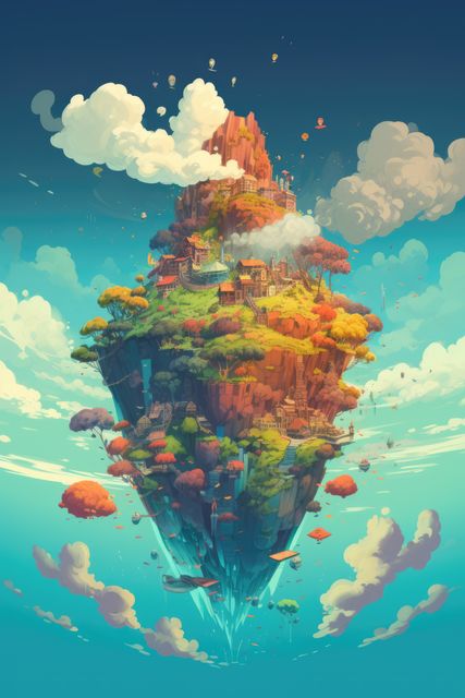 Floating island with an enchanted village offers a magical, surreal scene in a vibrant fantasy sky. Suitable for use as book cover art, animated backgrounds, or game design inspiration. Ideal for projects requiring whimsical, dreamlike landscapes and adventure themes.