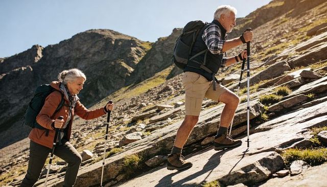 Senior couple climbing steep alpine ridge with trekking poles and backpacks