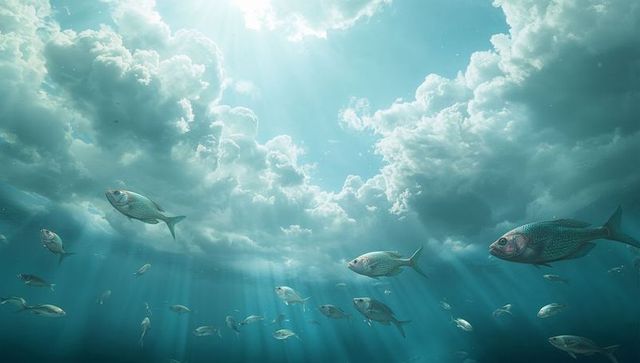Silvery-Green Fish Swimming Through Turquoise Sunbeams Beneath Cloud-Scattered Sky