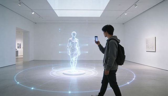 Visitor scanning holographic human wireframe with smartphone in minimalist gallery