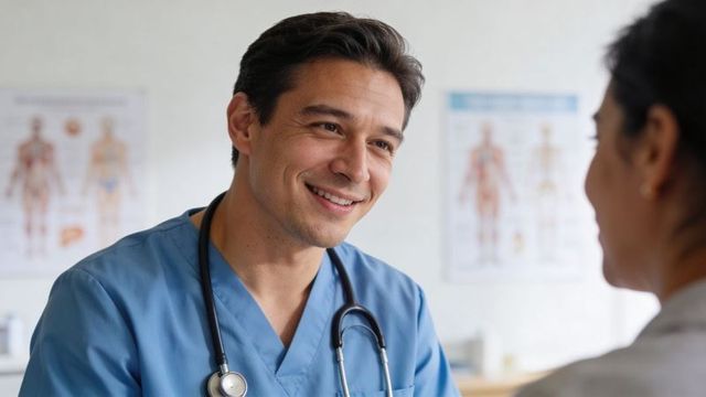 Smiling male doctor consulting and reassuring patient wearing blue scrubs and stethoscope