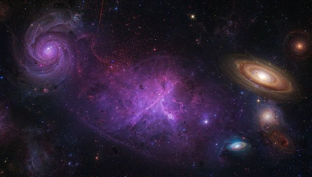 Vibrant purple-pink nebula with golden spiral galaxy, emission filaments and star clusters