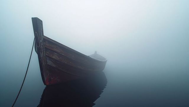 Weathered wooden boat drifts peacefully on misty lake