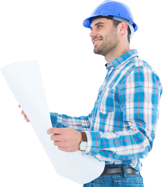 Transparent Smiling Engineer in Blue Hard Hat Holding Blueprint - Download Free Stock Videos Pikwizard.com