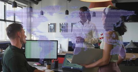 Modern office innovation with holographic world map