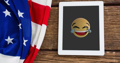 Laughing Emoji on Digital Tablet with American Flag - Download Free Stock Images Pikwizard.com