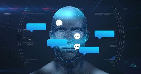 AI Avatar Interacting with Chat Bubbles in Futuristic HUD Interface, Neon Cybernetic Data