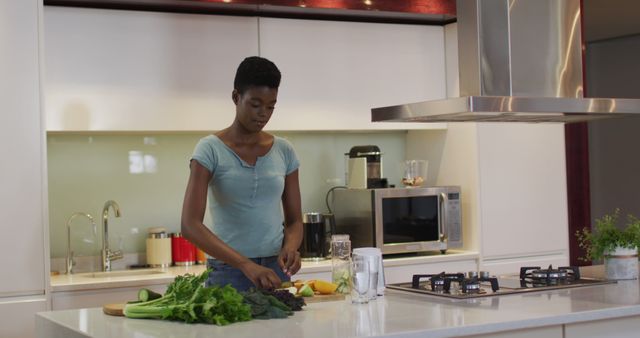 This captures an African American woman preparing a salad in a contemporary kitchen. Fresh vegetables are laid out on the countertop as she carefully chops them. The setting includes modern appliances and a sleek design, emphasizing a healthy and modern lifestyle. This can be used for content related to home-cooked meals, healthy eating, everyday life at home, or modern kitchen settings.