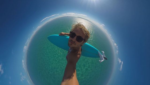Taking fisheye surfboard selfie over turquoise ocean, shirtless man wearing sunglasses