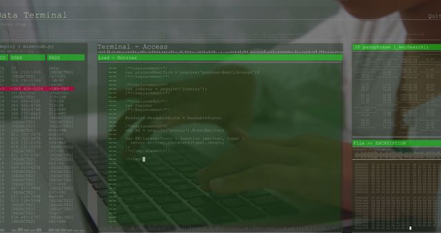Use for cybersecurity articles, hacking tutorials, data protection guides, computer science education resources, and tech blog posts. Shows person coding on laptop superimposed with green terminal windows and encrypted data.