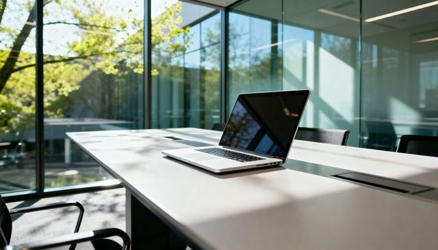 Half-open laptop reflecting trees on sunlit conference table with glass walls