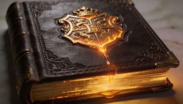 Ancient leather grimoire glowing with dripping molten gold crest and gilded pages