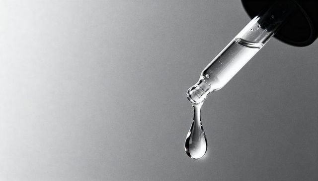 Glass dropper dripping clear serum macro monochrome closeup gradient background