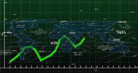 Holographic Global Analytics Dashboard Showing Bright Green Trend Line on Grid Map
